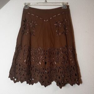 Basil & Maude Brown Embroidered Beaded Skirt Womens Size 4 Boho Midi